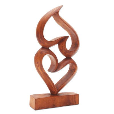 Suar Wood Heart Sculpture, 'Upside Down Love' - Suar Wood Heart Sculpture