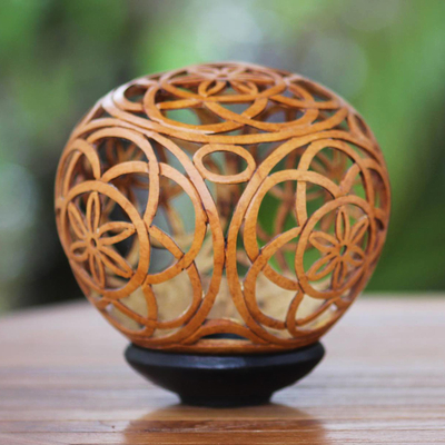 Coconut shell sculpture, 'Flower of Life' - Coconut Shell Sculpture with Stand