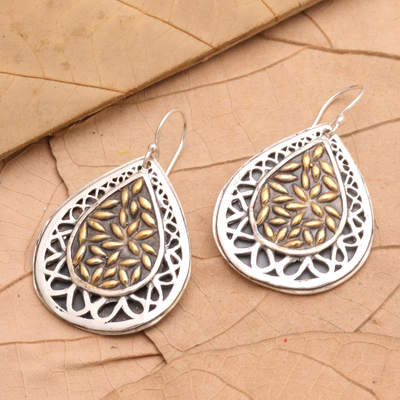 Gold accent dangle earrings, 'Grains of Rice' - Sterling Silver and 22k Gold Plated Dangle Earrings
