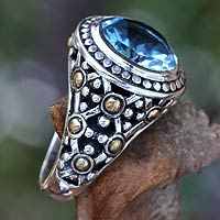 Gold accent topaz cocktail ring, 'Blue Bali'