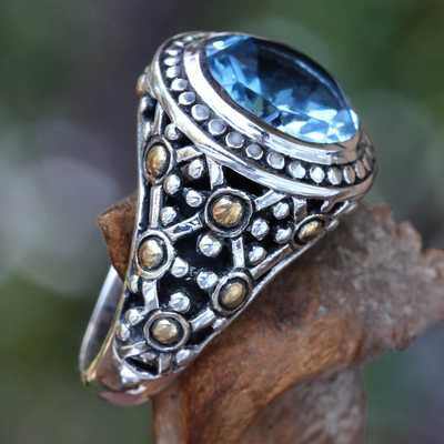 Gold accent topaz cocktail ring, 'Blue Bali' - Sterling Silver and Blue Topaz Ring