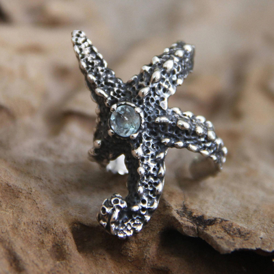 Blue topaz wrap ring, 'Balinese Starfish' - Sterling Silver and Blue Topaz Cocktail Ring