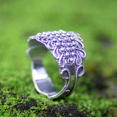 Sterling silver cocktail ring, 'Beaded Crown' - Sterling silver cocktail ring
