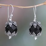 Onyx dangle earrings, 'Bali Moon' - Onyx dangle earrings