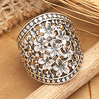 Sterling silver flower ring, 'Frangipani Nights' - Handcrafted, Sterling Silver Ring from Indonesia