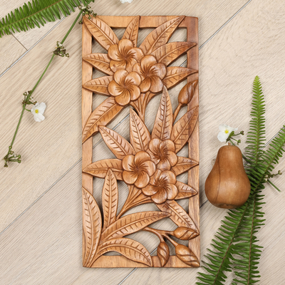 Wood relief panel, 'Sweet Frangipani Flowers' - Hand Carved Floral Relief Panel