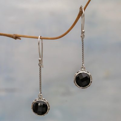 Onyx dangle earrings, 'Faces of Night' - Onyx and Sterling Silver Dangle Earrings