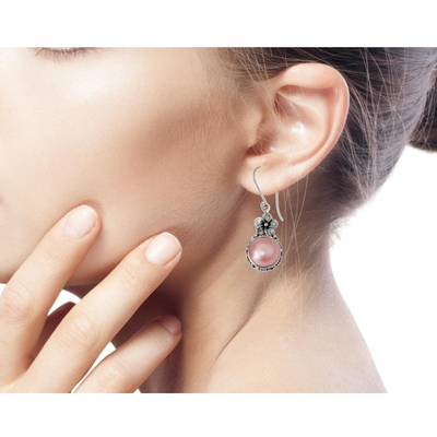 Pearl flower earrings, 'Pink Frangipani' - Sterling Silver and Pearl Floral Dangle Earrings