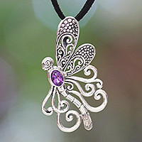 Amethyst pendant necklace, 'Island Butterfly' - Handmade Indonesian Silver and Amethyst Necklace