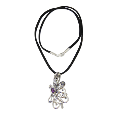 Amethyst pendant necklace, 'Island Butterfly' - Handmade Indonesian Silver and Amethyst Necklace