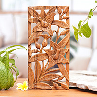 Wood relief panel, 'Balinese Orchids' - Floral Wood Wall Sculpture