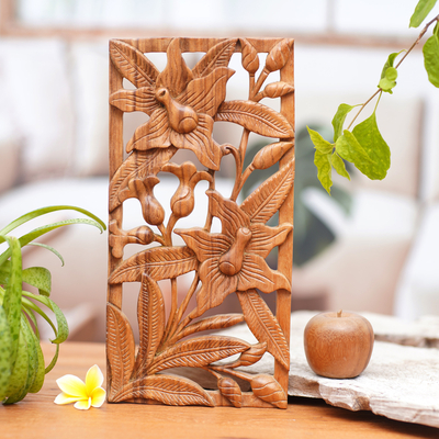 Wood relief panel, 'Balinese Orchids' - Floral Wood Wall Sculpture