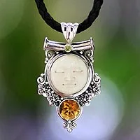 Peridot and citrine pendant necklace, 'Sleepy Moon' - Sterling Silver and Citrine Pendant Necklace