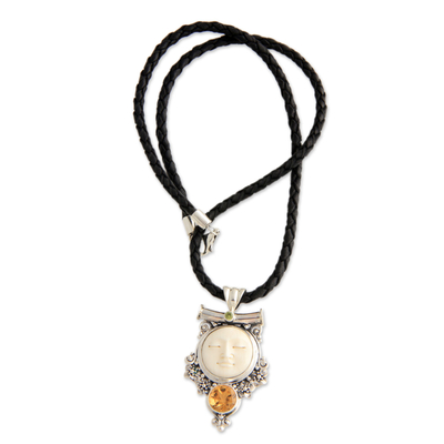 Peridot and citrine pendant necklace, 'Sleepy Moon' - Sterling Silver and Citrine Pendant Necklace