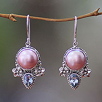 Pearl and blue topaz flower earrings, 'Love Moon' - Hand Made Pearl and Blue Topaz Dangle Earrings