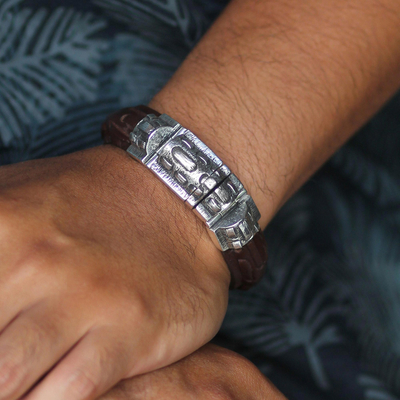 Men's sterling silver and leather bracelet, 'Woodsman' - Men's Sterling Silver and Leather Wristband Bracelet