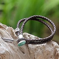 Turquoise and leather braided bracelet, 'Native Freedom'