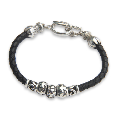Sterling silver and leather braided bracelet, 'Maltese Cross' - Leather and Sterling Silver Bracelet