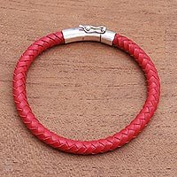 Men's sterling silver and leather bracelet, 'Brick Road' - Men's Braided Leather Bracelet
