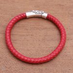 Men's sterling silver and leather bracelet, 'Brick Road' - Men's Braided Leather Bracelet