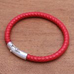 Men's sterling silver and leather bracelet, 'Brick Road' - Men's Braided Leather Bracelet