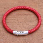 Men's sterling silver and leather bracelet, 'Brick Road' - Men's Braided Leather Bracelet