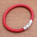 Men's sterling silver and leather bracelet, 'Brick Road' - Men's Braided Leather Bracelet