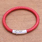 Men's sterling silver and leather bracelet, 'Brick Road' - Men's Braided Leather Bracelet