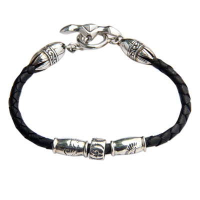 Leather braided bracelet, 'The Spirit of Peace in Black' - Handmade Sterling Silver and Braided Leather Bracelet
