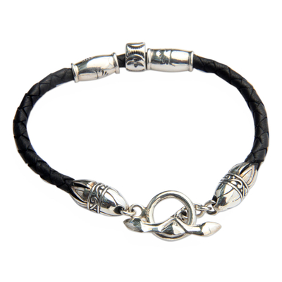 Leather braided bracelet, 'The Spirit of Peace in Black' - Handmade Sterling Silver and Braided Leather Bracelet