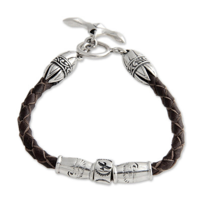 Leather braided bracelet, 'The Spirit of Peace in Brown' - Unique Leather and Sterling Silver Bracelet