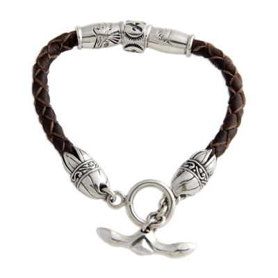 Leather braided bracelet, 'The Spirit of Peace in Brown' - Unique Leather and Sterling Silver Bracelet