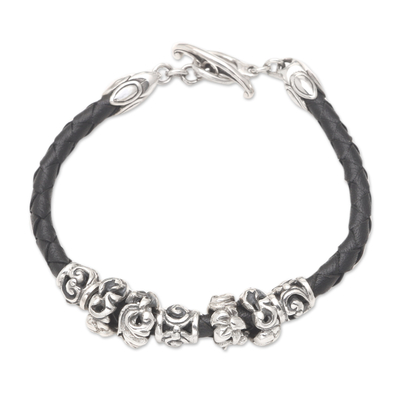 Handmade Braided Brown Leather and Sterling Silver Floral Bracelet