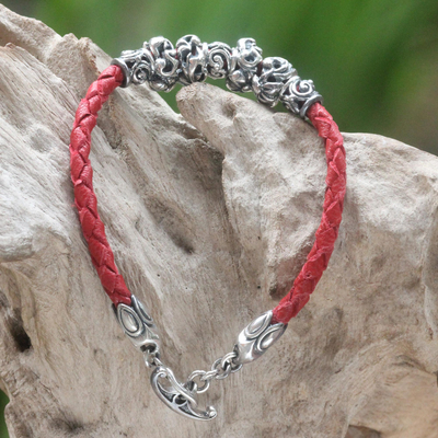 Leather braided flower bracelet, 'Exotic Flora in Red' - Sterling Silver and Braided Leather Bracelet