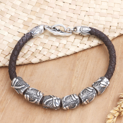Leather braided bracelet, 'Lucky Dragonfly in Brown' - Sterling Silver and Braided Leather Bracelet