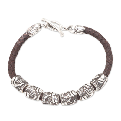 Leather braided bracelet, 'Lucky Dragonfly in Brown' - Sterling Silver and Braided Leather Bracelet