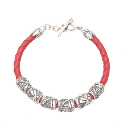 Leather braided bracelet, 'Lucky Dragonfly in Red' - Indonesian Sterling Silver and Leather Bracelet