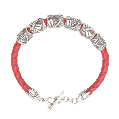 Leather braided bracelet, 'Lucky Dragonfly in Red' - Indonesian Sterling Silver and Leather Bracelet