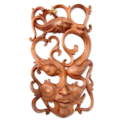 Wood mask, 'Sensuous Dreams' - Modern Wood Mask from Indonesia