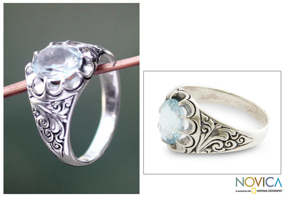 Blue topaz flower ring, 'Beratan Sky' - Blue topaz flower ring