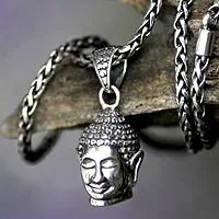 Collar de plata de ley para hombre, 'Buda sonriente' - Collar con colgante de plata de ley hecho a mano para hombre