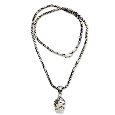 Men's sterling silver necklace, 'Smiling Buddha' - Men's Handmade Sterling Silver Pendant Necklace