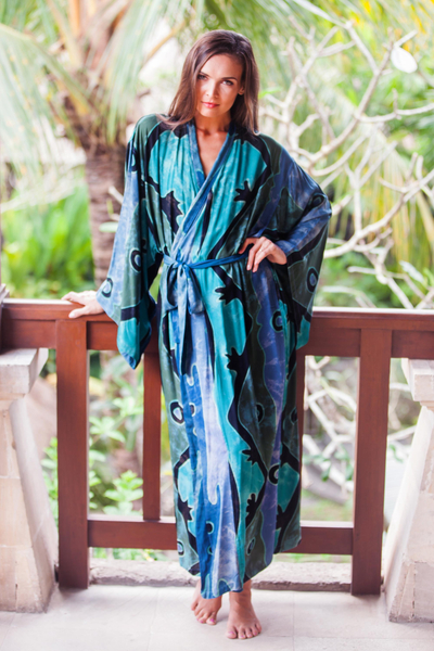 Womens batik robe, Seaside Blue (short)