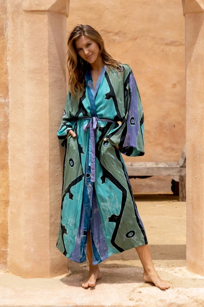 Women's batik robe, 'Seaside Blue' (short) - Women's batik robe (Short)