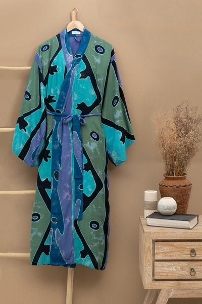 Women's batik robe, 'Seaside Blue' (short) - Women's batik robe (Short)