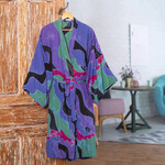 Women's batik robe, 'Turquoise Ocean' (short) - Women's batik robe
