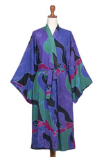 Women's batik robe, 'Turquoise Ocean' (short) - Women's batik robe