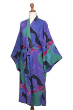 Women's batik robe, 'Turquoise Ocean' (short) - Women's batik robe