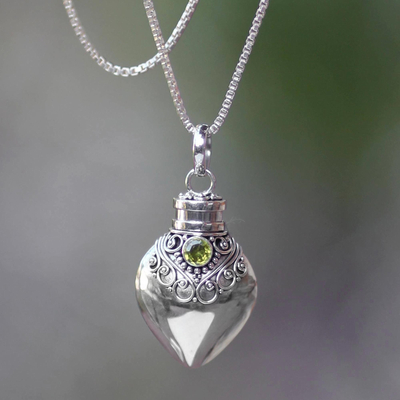 Peridot locket necklace, 'Precious Bali' - Sterling Silver and Peridot  Locket Necklace