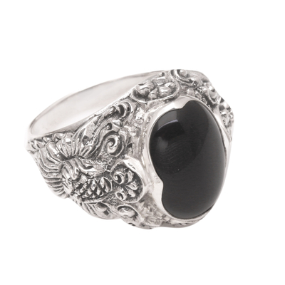Men's onyx ring, 'Black Sunflower' - Men's Floral Sterling Silver and Onyx Ring